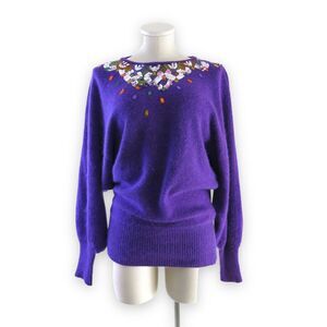 VTG 80s Purple Silk Angora Dolman Sweater | Beaded Jeweled Neckline | Size‎ L